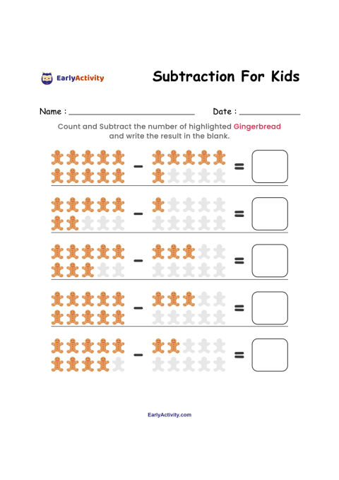Worksheet showing five subtraction problems with gingerbread figures, highlighted groups, and blank answer boxes.