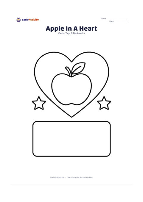 Worksheet: A large heart surrounds a single apple with a leaf, while two simple stars sit on either side and a broad blank area remains below for a message. Make it a centred, balanced card design.