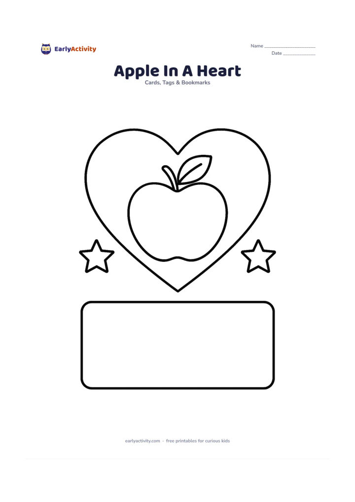Worksheet: A large heart surrounds a single apple with a leaf, while two simple stars sit on either side and a broad blank area remains below for a message. Make it a centred, balanced card design.