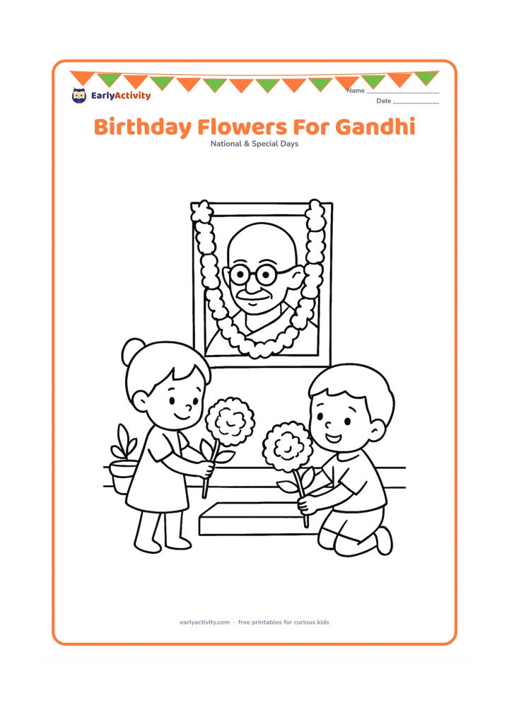 Colouring page: Show two young children placing large marigold flowers beneath a simple framed portrait of Mahatma Gandhi in an Indian courtyard. Add a low step, a few flower pots, and a plain garland…