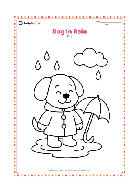 Colouring page: Draw a cheerful dog wearing a simple raincoat and standing in a shallow puddle. Add a large umbrella leaning nearby, three raindrops, and one cloud.