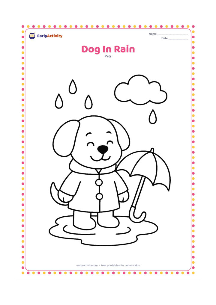 Colouring page: Draw a cheerful dog wearing a simple raincoat and standing in a shallow puddle. Add a large umbrella leaning nearby, three raindrops, and one cloud.