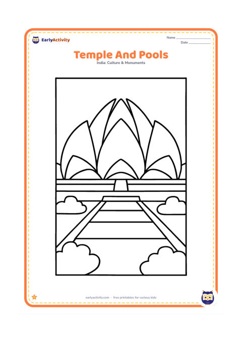 Colouring page: Draw the Lotus Temple from the front with three broad pools in the foreground and a few rounded garden shrubs. Make the building the largest shape on the page.