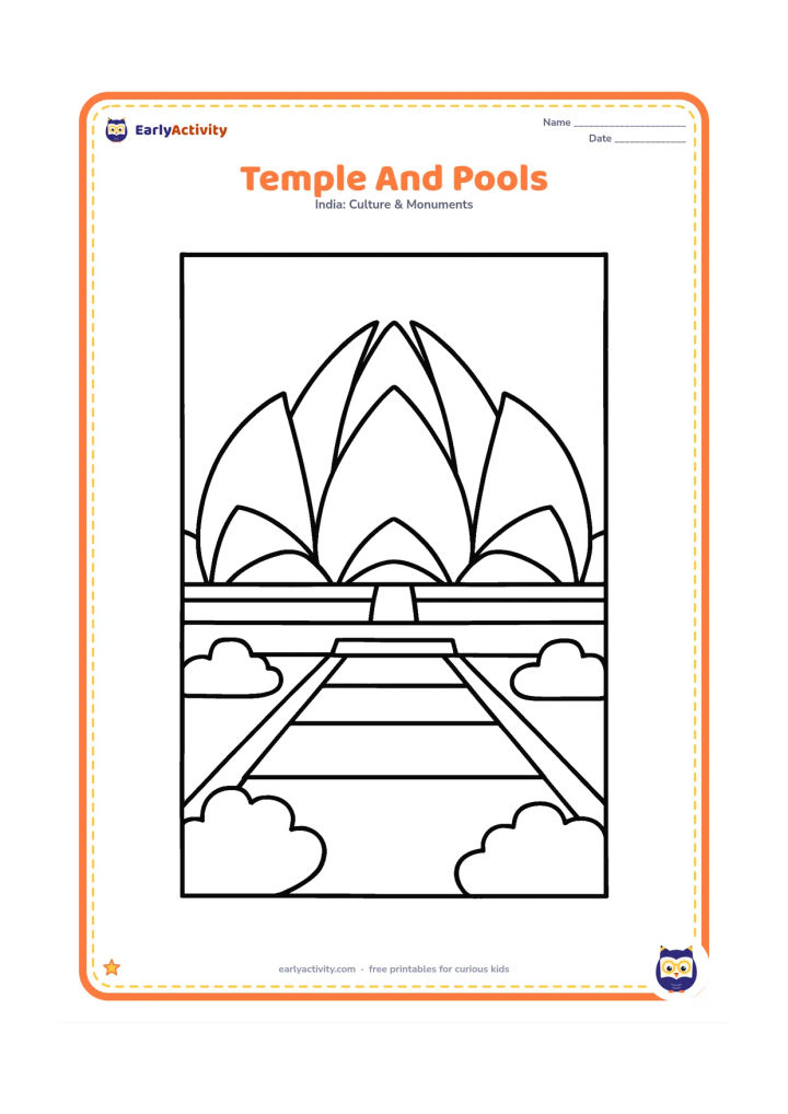 Colouring page: Draw the Lotus Temple from the front with three broad pools in the foreground and a few rounded garden shrubs. Make the building the largest shape on the page.