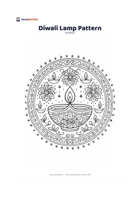 Colouring page: Create a circular mandala centred on a single decorated oil lamp with a small flame, surrounded by symmetrical floral shapes, clay lamp forms, curved borders and star-like dots. Keep the…