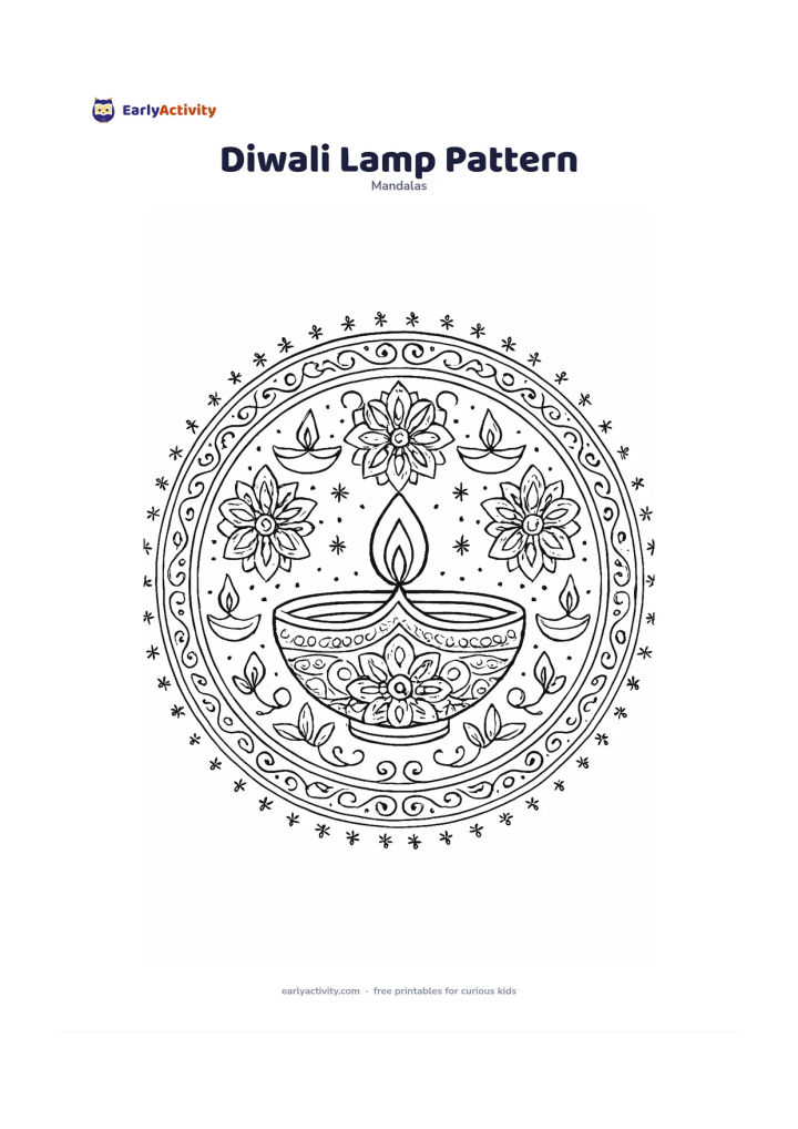 Colouring page: Create a circular mandala centred on a single decorated oil lamp with a small flame, surrounded by symmetrical floral shapes, clay lamp forms, curved borders and star-like dots. Keep the…