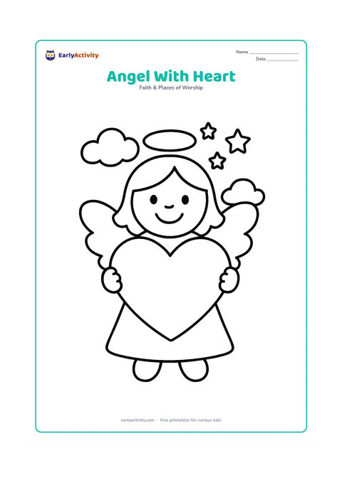 Colouring page: A smiling angel holds a large heart in both hands, with two clouds and a small group of stars behind the figure. Leave plenty of open space around the heart.