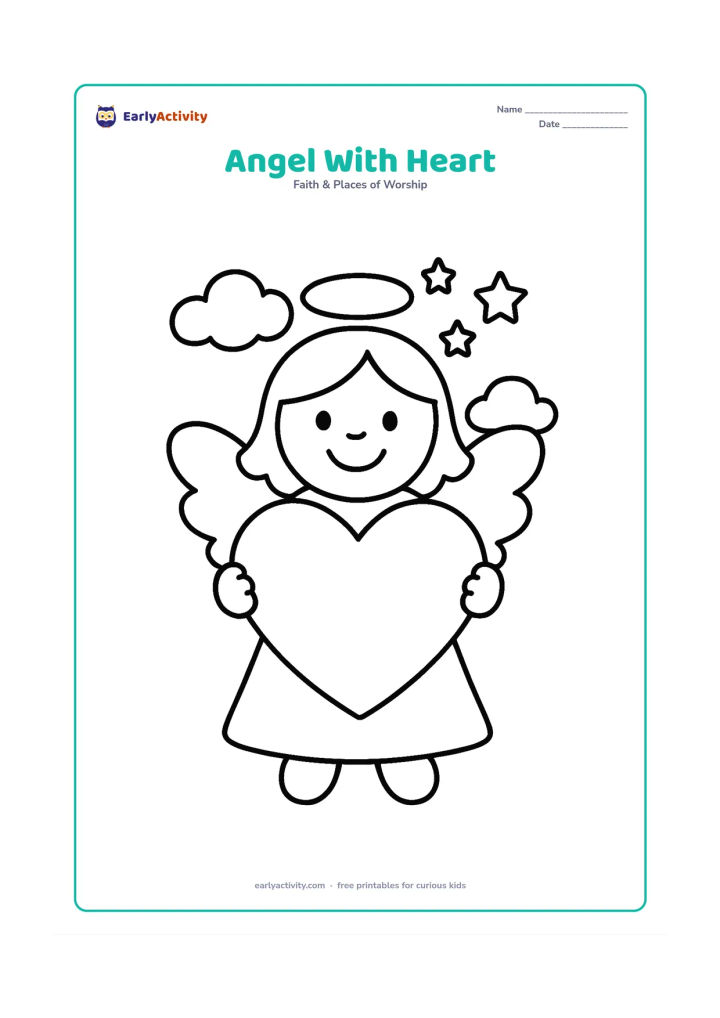 Colouring page: A smiling angel holds a large heart in both hands, with two clouds and a small group of stars behind the figure. Leave plenty of open space around the heart.