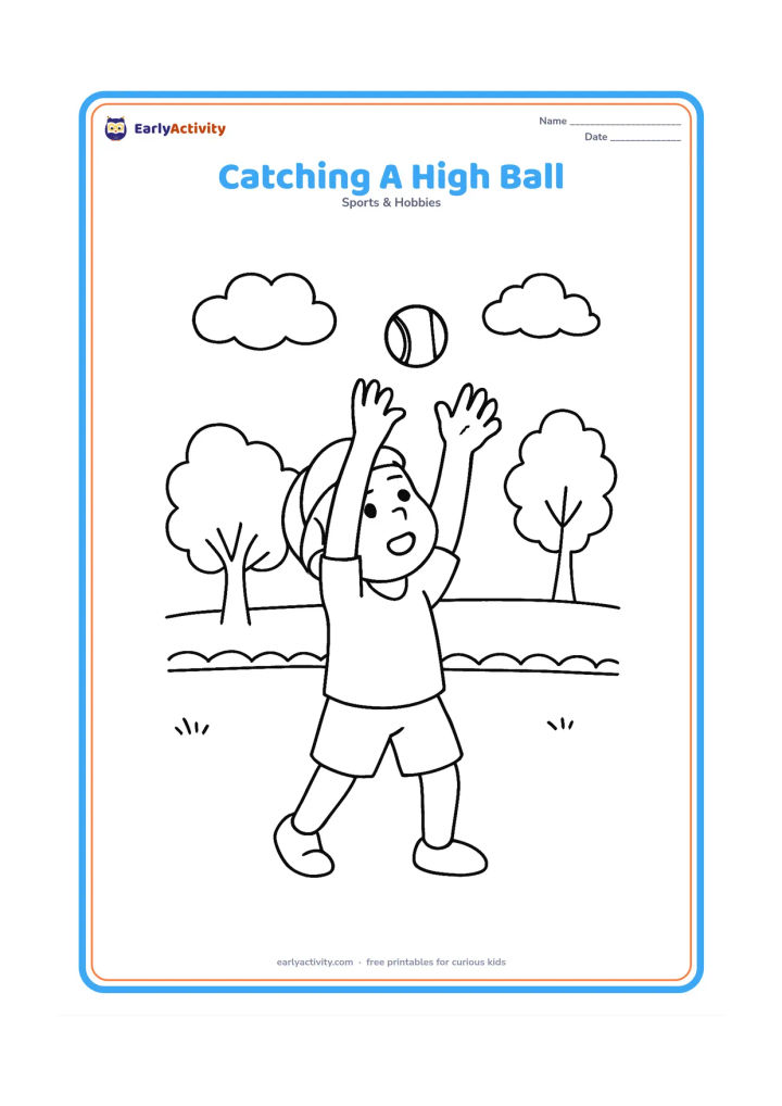 Colouring page: A child fielder reaching overhead with both hands to catch a cricket ball. Include a low boundary rope, two trees and a few simple clouds.