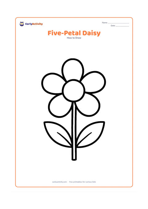 Worksheet: A single daisy made from one round centre, five large rounded petals, a straight stem and two broad leaves. Centre the flower on the page with plenty of empty space around it for colouring.