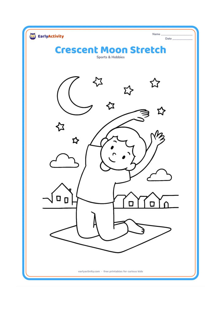 Colouring page: A child kneels on one knee and reaches both arms overhead in a gentle crescent-like side stretch under an evening sky. Include a crescent moon, stars, a terrace mat and distant rooftops.
