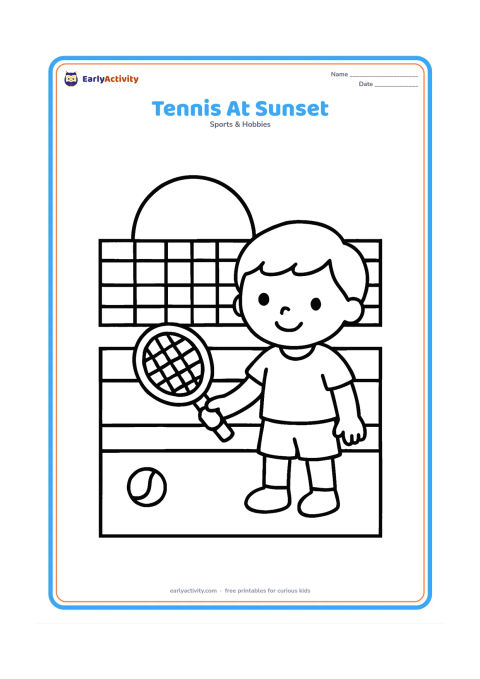 Colouring page: A simple tennis court with a net, one child holding a racket, one ball, and a large setting sun behind the fence.
