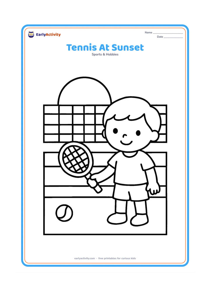 Colouring page: A simple tennis court with a net, one child holding a racket, one ball, and a large setting sun behind the fence.