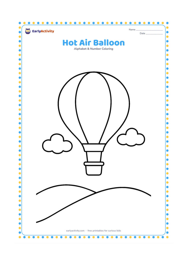 Colouring page: A hot air balloon floats above a low hill with a small basket beneath it and two clouds in the sky. The balloon panels must be plain, with no symbols, letters, numbers, or patterns.