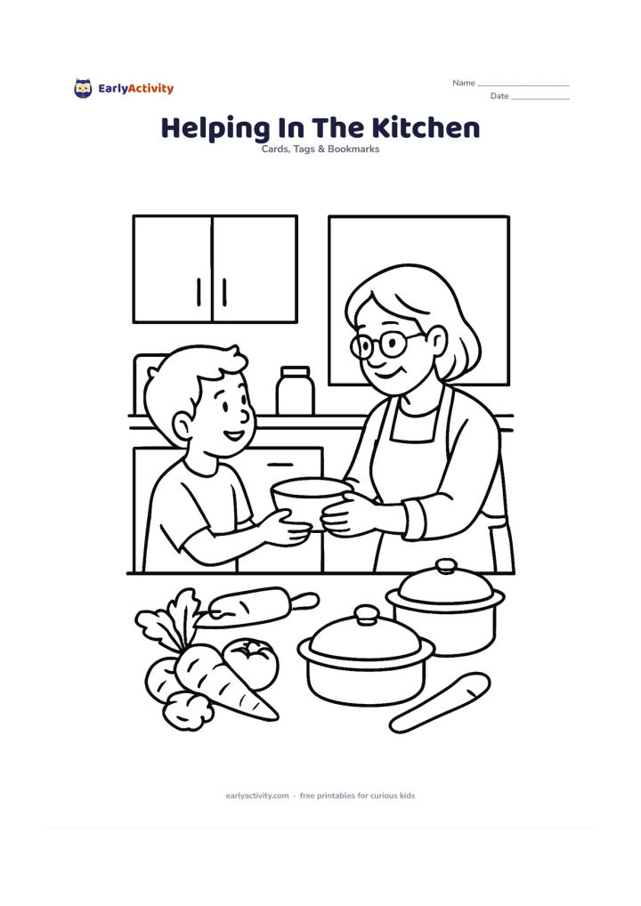 Worksheet: A child helps an adult family member prepare food at a kitchen counter, passing a bowl while vegetables, a rolling pin and covered dishes are arranged nearby. Leave an open blank panel…