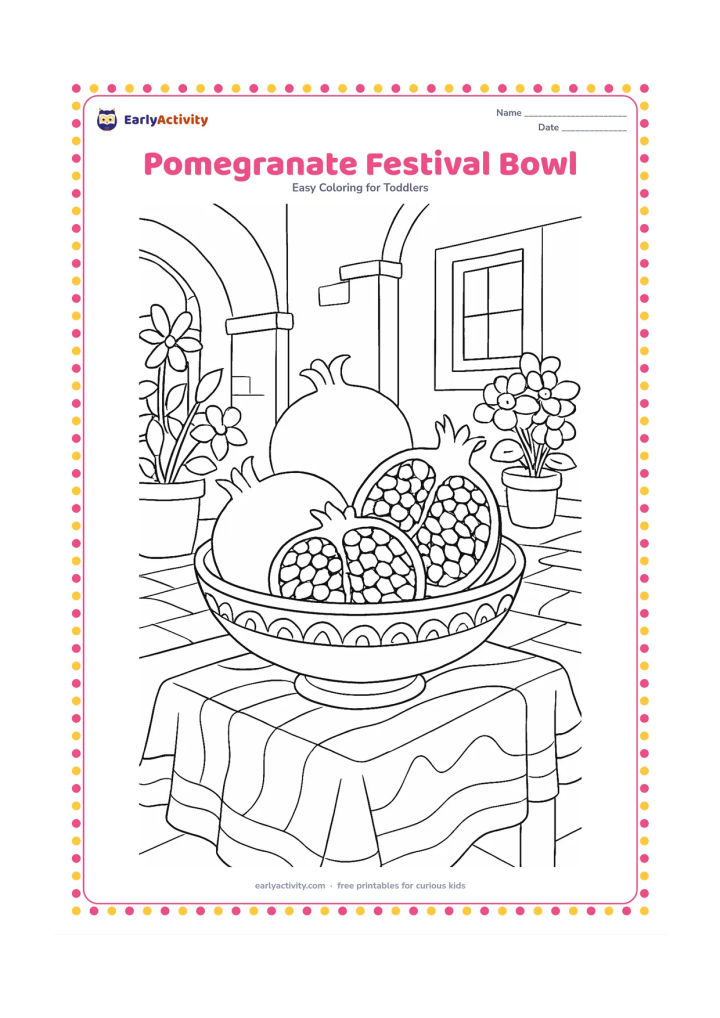 Colouring page: Draw a decorative bowl holding whole and cut pomegranates, with the cut fruit showing many large jewel-like seeds. Place it on a low cloth-covered table in an Indian home courtyard with…