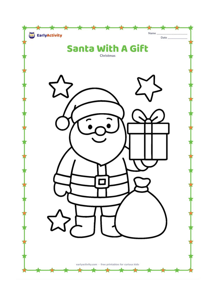 Colouring page: A friendly Santa stands holding one large wrapped present, with a simple sack and three large stars around him. Give Santa a happy expression and keep the shapes broad and easy to recognize.
