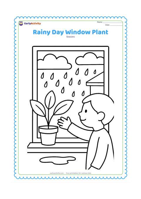 Colouring page: A potted plant sits on an indoor windowsill while rain falls outside; a child reaches toward one broad leaf. Show clouds, a roof edge, and a puddle through the window.