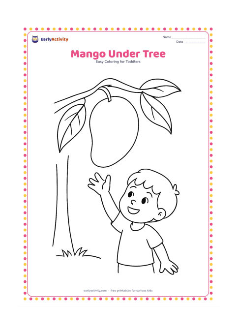 Colouring page: Draw a large mango hanging from a leafy branch while a child reaches up from below. Add a few broad leaves, a simple tree trunk and a small patch of ground.