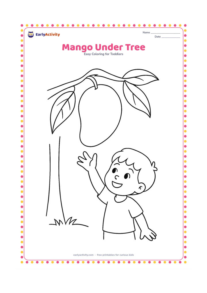 Colouring page: Draw a large mango hanging from a leafy branch while a child reaches up from below. Add a few broad leaves, a simple tree trunk and a small patch of ground.