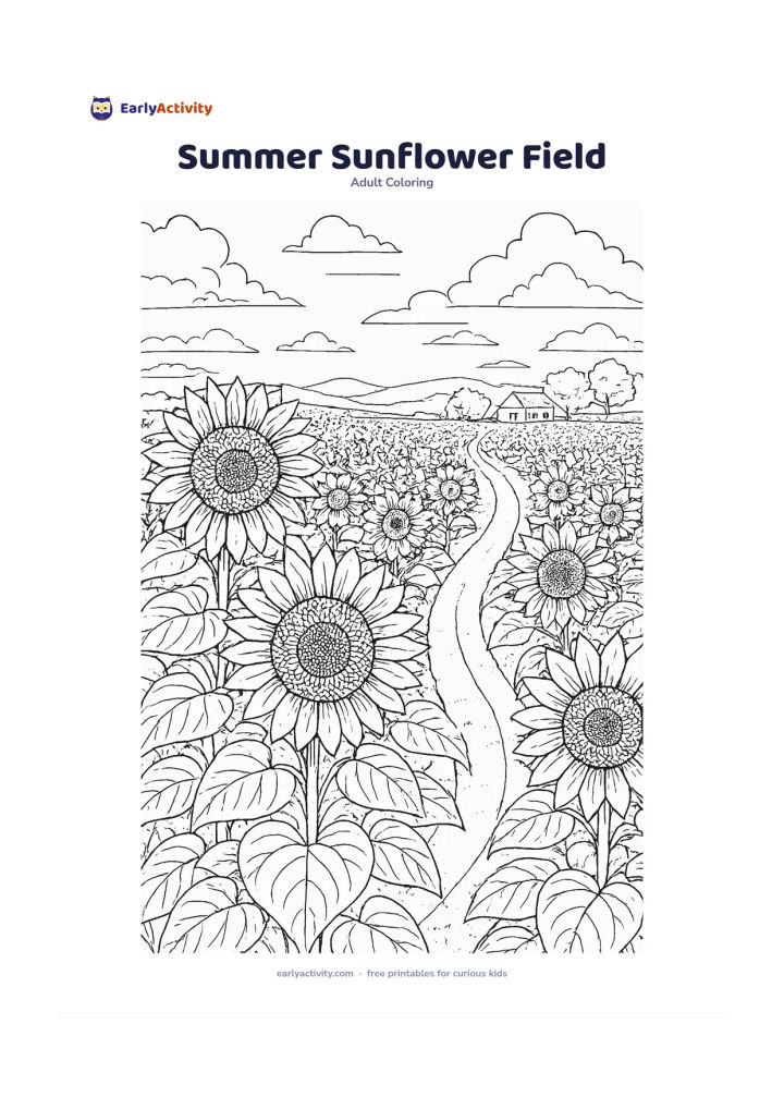 Colouring page: A wide sunflower field under a high summer sky, with tall flowers in the foreground, rows leading toward a small farmhouse and distant hills. Include a gently curving dirt track through…