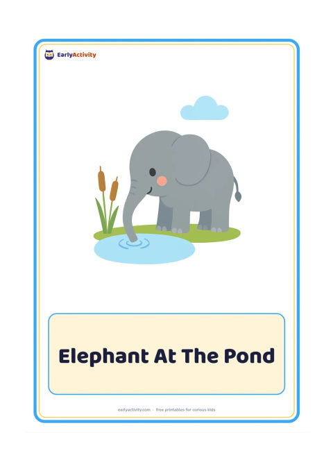 Flashcard: Draw a smiling elephant standing beside a pond with its trunk gently dipping into the water. Add two large reeds and a single cloud.