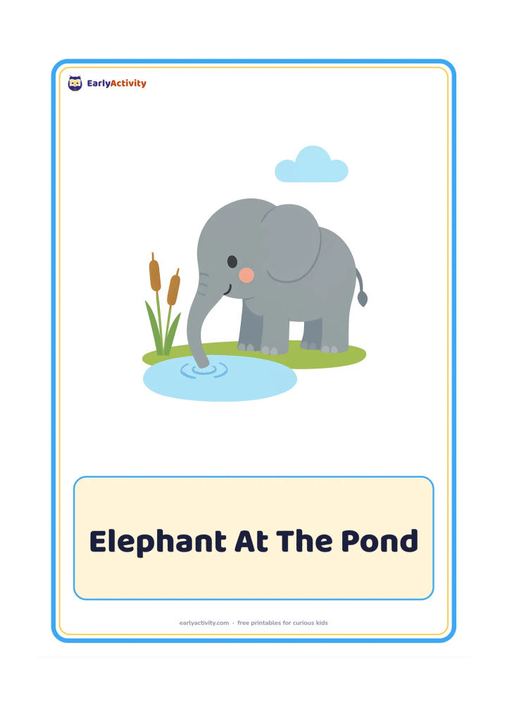 Flashcard: Draw a smiling elephant standing beside a pond with its trunk gently dipping into the water. Add two large reeds and a single cloud.