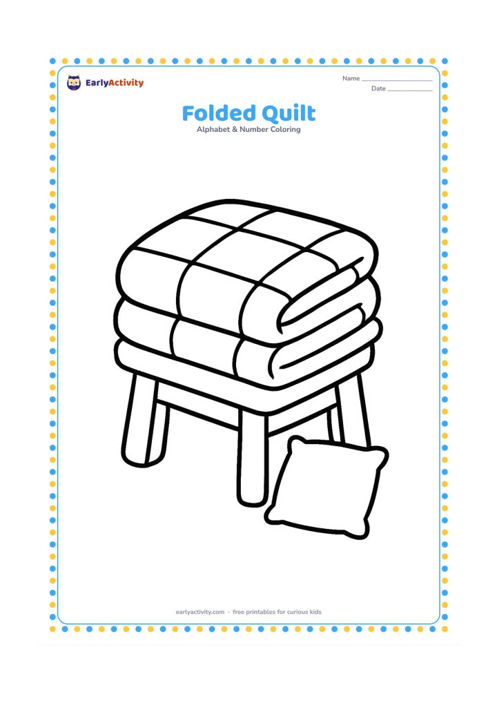 Colouring page: A neatly folded quilt rests on a low stool, with several large square fabric patches visible on the top and front. Add one small cushion beside the stool.