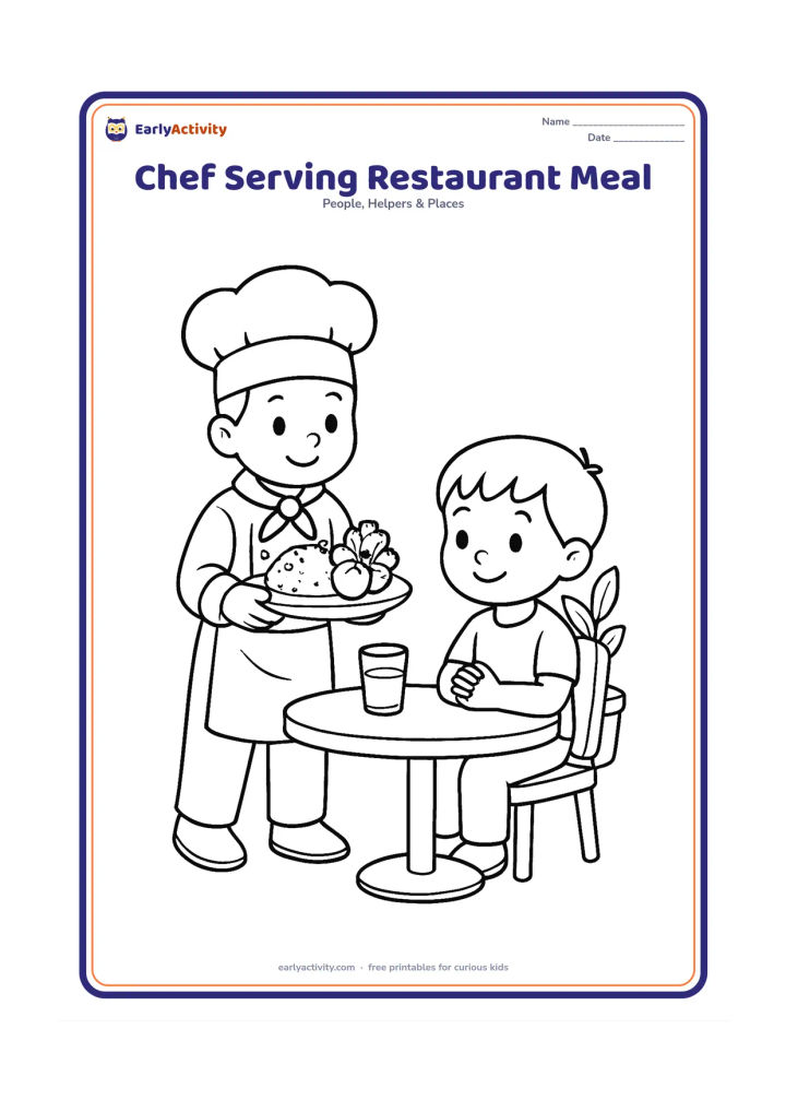 Colouring page: A child chef carries a plate of vegetables and rice toward a small restaurant table. Include a second child seated as a diner, a chair, a water glass, and a simple plant in the background.