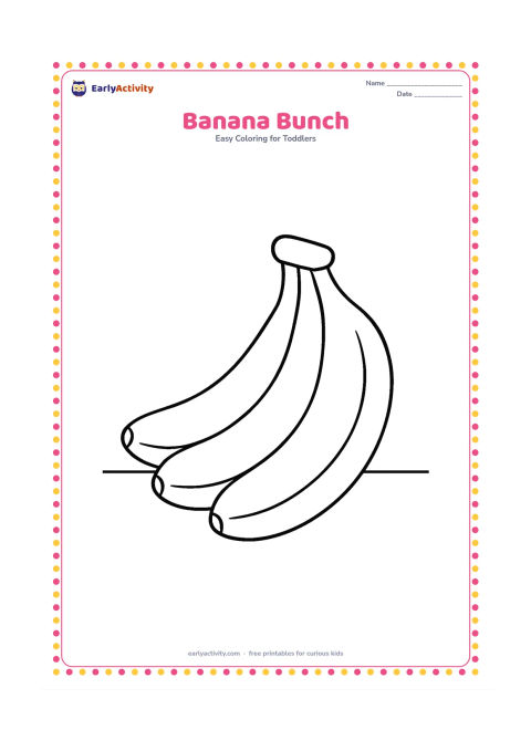 Colouring page: Draw a large bunch of three curved bananas joined at one simple stem. Place the bunch on a plain tabletop with no other objects.