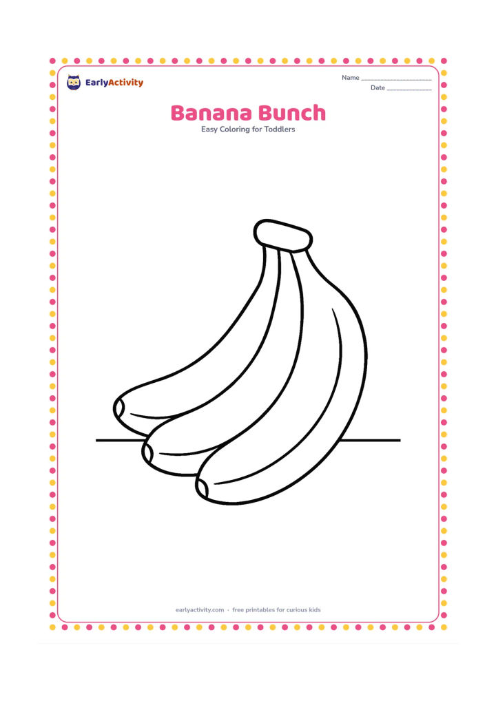 Colouring page: Draw a large bunch of three curved bananas joined at one simple stem. Place the bunch on a plain tabletop with no other objects.