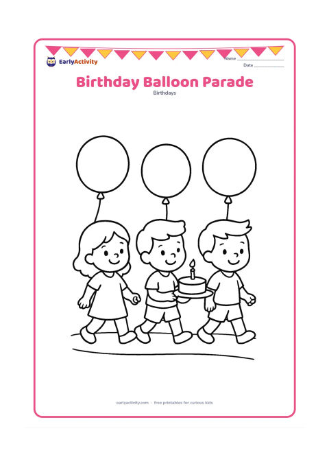 Colouring page: Three cheerful children walk in a row, each holding one large balloon, with a small cake carried in a tray by the middle child. Show a simple path beneath their feet.