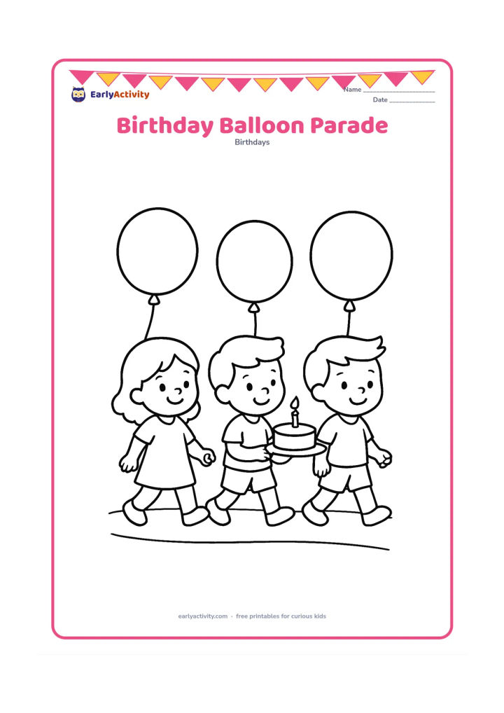 Colouring page: Three cheerful children walk in a row, each holding one large balloon, with a small cake carried in a tray by the middle child. Show a simple path beneath their feet.
