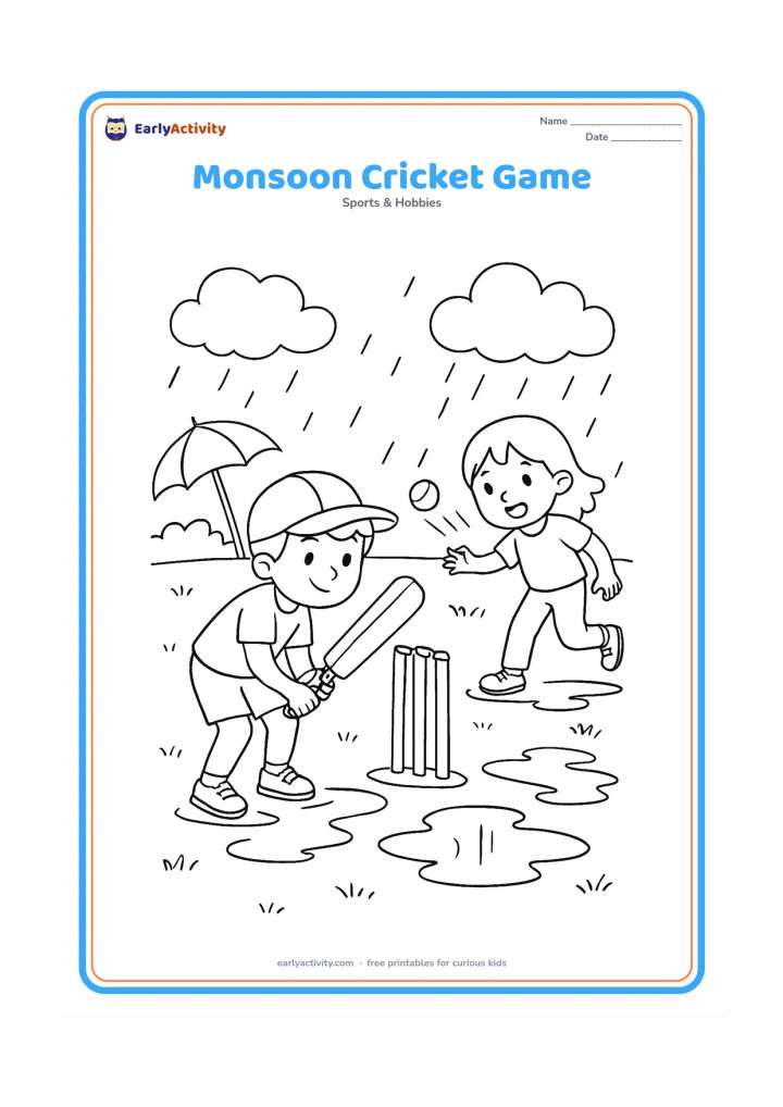 Colouring page: Children playing cricket on a grassy ground after rain, with one child batting, another bowling and puddles reflecting the wickets. Add cloud shapes and a simple umbrella near the boundary.