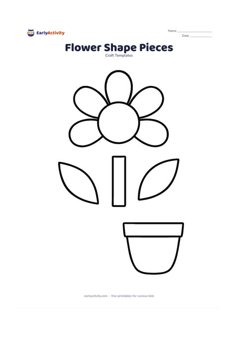 Worksheet: Arrange separate outlines for a cheerful flower: a large circle centre, six oval petals, a rectangle stem, two leaf shapes and a semicircle flowerpot. Place the pieces in a loose garden…