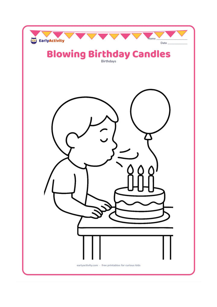 Colouring page: A child leans toward a small cake and blows gently toward three large candles, with simple curved breath lines. Place the cake on a low table with one balloon beside it.