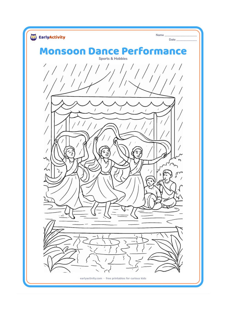 Colouring page: Draw a group dance performance on a covered outdoor stage during monsoon weather, with dancers using flowing scarves and ribbons. Include rain beyond the stage, puddle reflections, leafy…