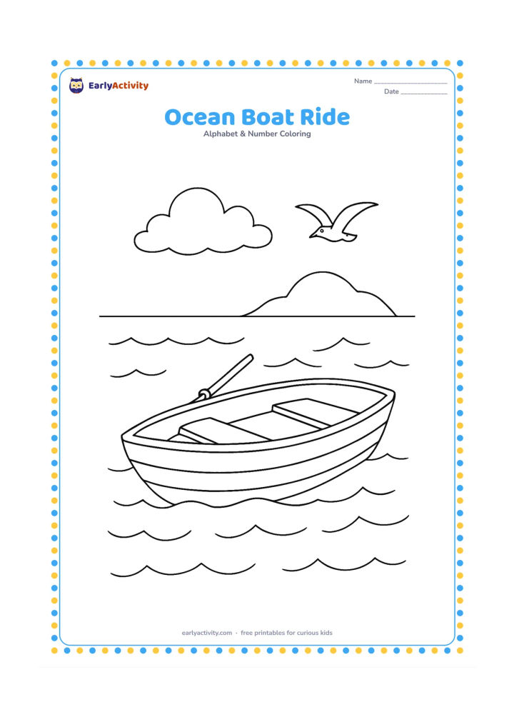 Colouring page: Draw a small rowboat floating on gentle ocean waves, with an oar resting across it, a distant island and a gull in the sky. Keep the boat unmarked and show a calm daytime setting.