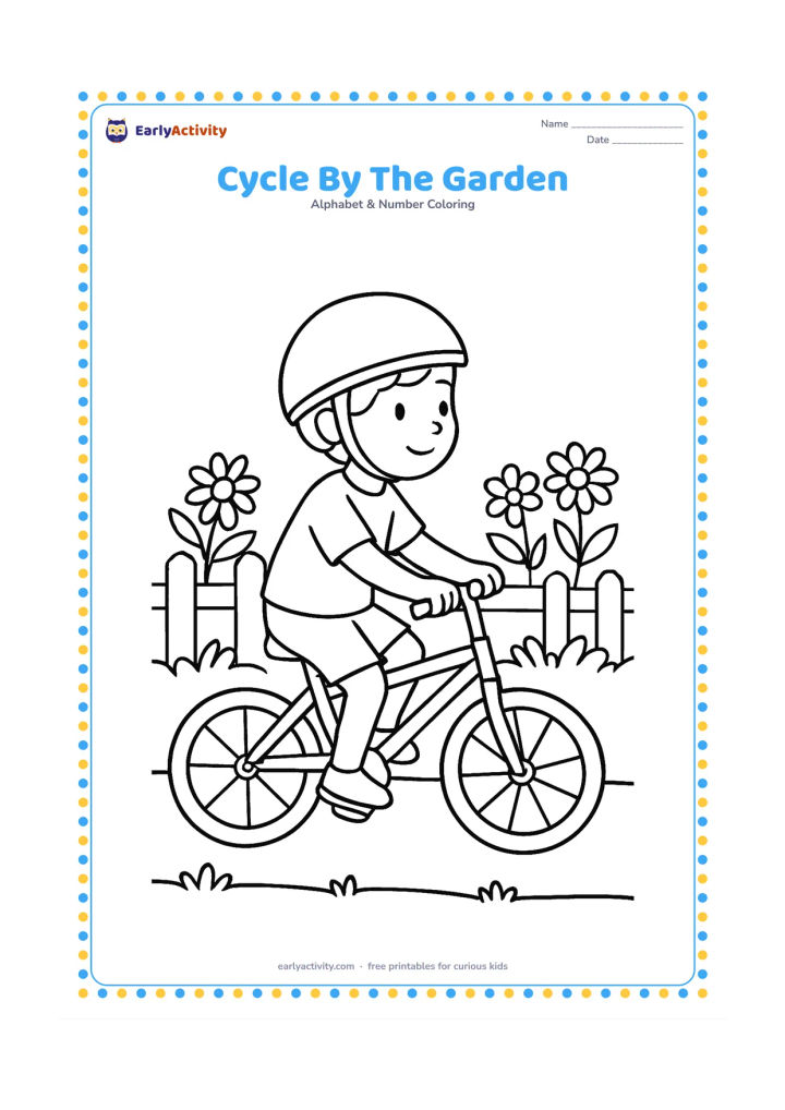 Colouring page: A child rides a simple bicycle along a garden path beside flowering plants and a low fence. Show the rider in profile with a helmet and both wheels fully visible.