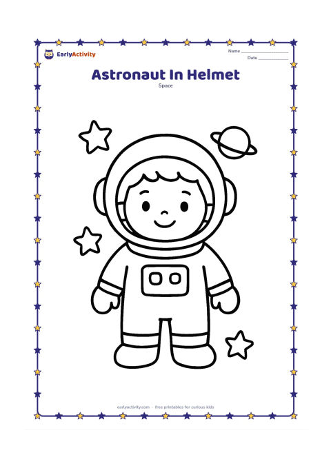 Colouring page: Draw a front-facing child astronaut wearing a large round helmet and a simple space suit. Show a friendly face through the visor, with stars and a small planet around the figure.