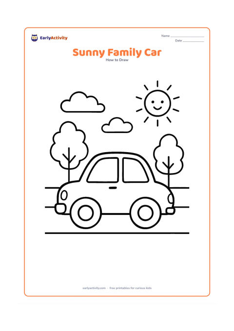 Worksheet: Show a cheerful side-view family car travelling along a straight road with two trees, a sun and soft clouds behind it. Include simple blank windows without drawing people inside.