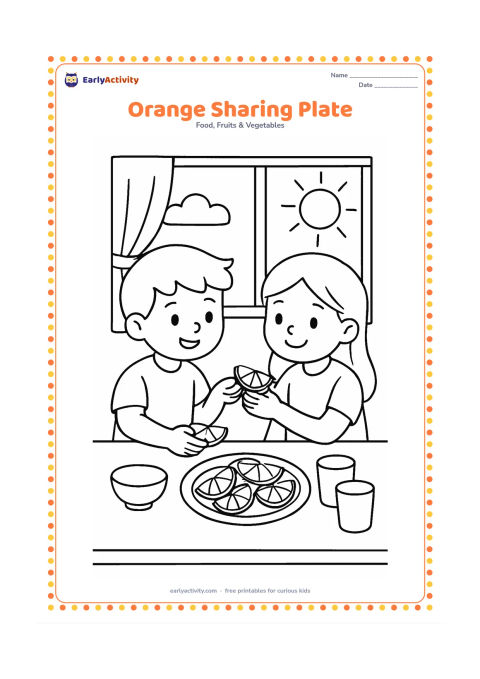 Colouring page: Draw two children sharing orange segments from a plate at a classroom table. Add a small bowl, two cups and a sunny window behind them, with no classroom writing.