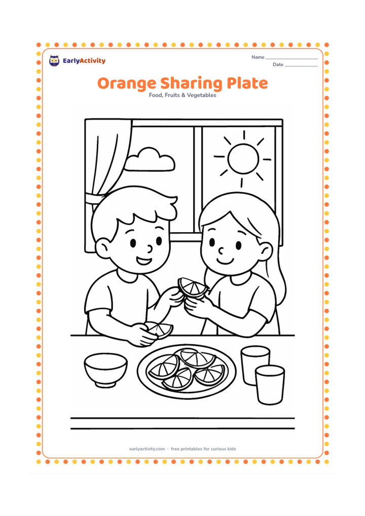 Colouring page: Draw two children sharing orange segments from a plate at a classroom table. Add a small bowl, two cups and a sunny window behind them, with no classroom writing.