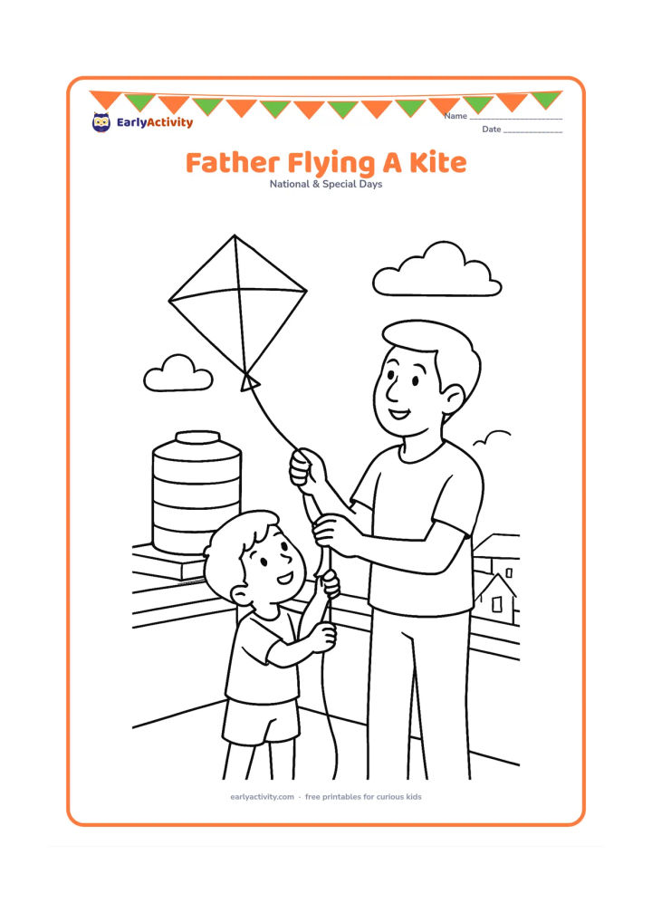 Colouring page: A father helps a child fly a diamond-shaped kite from a rooftop terrace, with a water tank, low parapet, clouds and distant Indian rooftops.