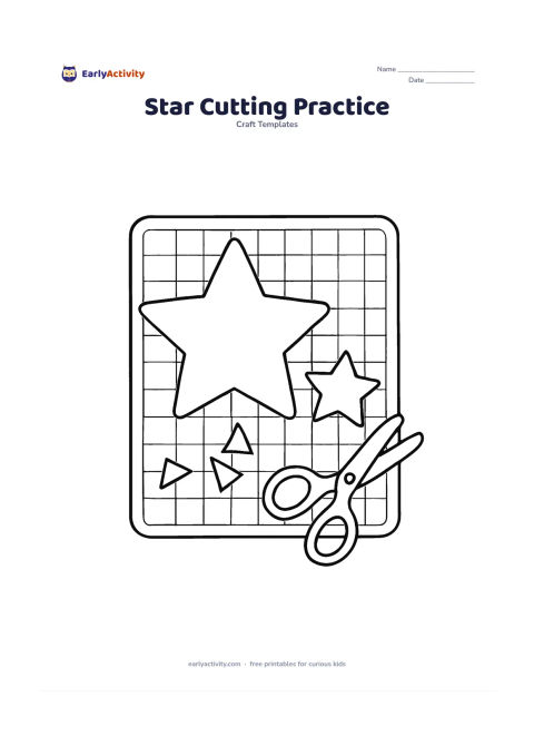 Worksheet: Show a large star outline with visibly wide inner corners and a second smaller star with sharper inner corners on a craft mat, alongside child-safe scissors and small paper scraps. Keep…