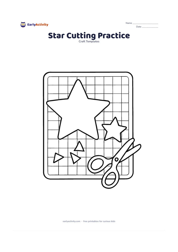 Worksheet: Show a large star outline with visibly wide inner corners and a second smaller star with sharper inner corners on a craft mat, alongside child-safe scissors and small paper scraps. Keep…