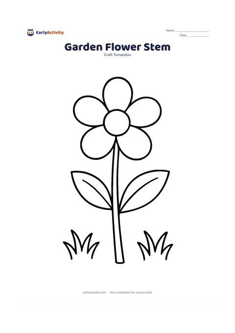 Worksheet: A generic five-petal garden flower on a long stem with two large leaves, standing beside two simple tufts of grass. Keep the flower much larger than the background plants.