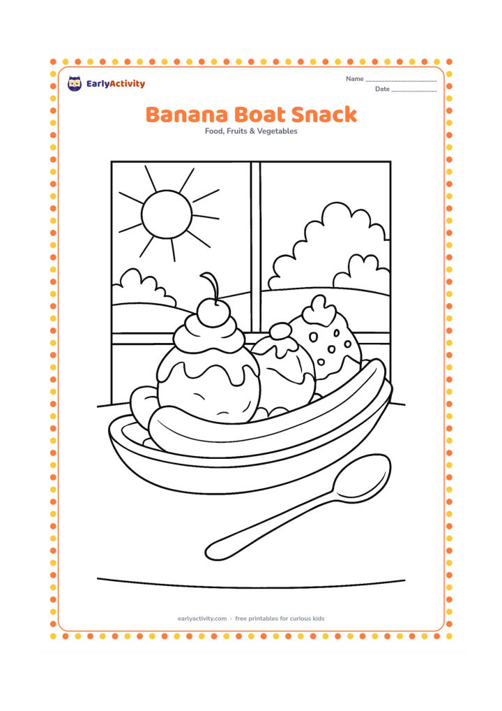 Colouring page: Draw a banana split-style snack in a long banana-shaped dish, with sliced banana, a few large scoops and a spoon on a table. Add a window showing a sunny garden in the background.