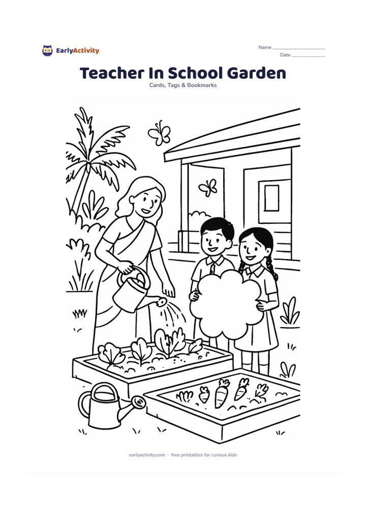Worksheet: A teacher waters a school garden while three children hold a large flower-shaped card panel, with vegetable beds, a watering can, butterflies and a classroom veranda behind them. The…