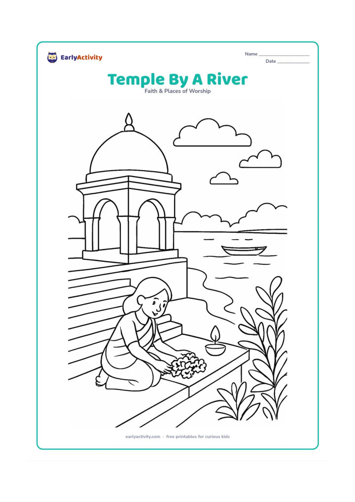 Colouring page: A riverside temple with a domed roof, steps descending toward calm water and a small lamp on a ledge. Show a person arranging flowers, a boat in the distance and leafy riverbank plants.